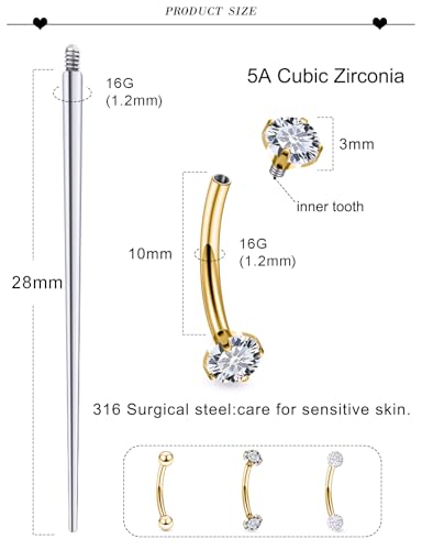 18G 16G 14G Eyebrow Ring Piercing Jewelry Surgical Steel Internal Thread Vertical Labret Lip Ring Rook Daith Earrings Belly Button Ring Piercing Jewelry for Women Men CZ Silver Black Gold - color: Gold, size: 16G, 10mm Length