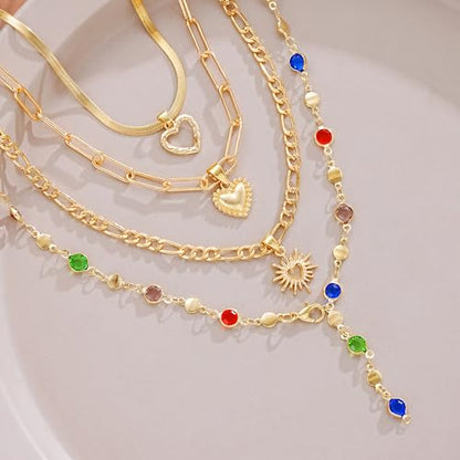 Colorful Crystal Long Necklace for Women Dainty Boho Y-Shaped Color Bead Necklaces Sparkly Rhinestone Pendant Layered Gold Long Chain Choker Good Luck Trend Jewelry Gift Jewelry - color: 4pcs-Gold
