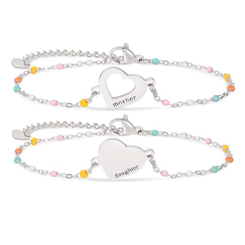 DS Mother Daughter Matching Bracelets,Adjustable Stainless Steel Gift Set | mother’s Day & Birthday Gift Box,Heart Charm,Mommy & Me Style,18K Gold Plated,Hypoallergenic,Daily Wear,Fits Women Teen Girls - color: Silver-1