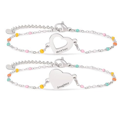 DS Mother Daughter Matching Bracelets,Adjustable Stainless Steel Gift Set | mother’s Day & Birthday Gift Box,Heart Charm,Mommy & Me Style,18K Gold Plated,Hypoallergenic,Daily Wear,Fits Women Teen Girls - color: Silver-1