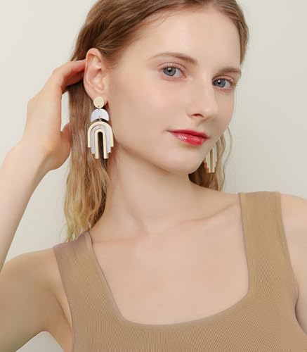 Ozel - Natural Wooden Acrylic Boho Drop Dangle Earrings for Women - Geometric Statement Jewellery - Brown, Black, Magent Red, Olive Green, White beige - color: Arch_White beige