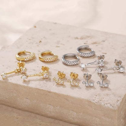3 Pairs Huggie Hoop Earring Set 18K Gold Plated Cubic Zirconia Cartilage Earrings, Multi Piercings Ear Jacket Earring Climber Stud Earring for Women Everyday Earrings - color: Gold Cubic Zirconia Hoop