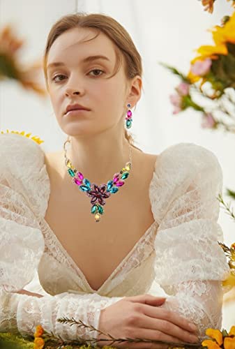 Jewelry Set for Women Rhinestone Austrian Crystal Statement Flower Necklace Link Bangle Bracelet Dangle Earrings Rings Allergy Free Wedding Party Jewelry Set for Bridal Bridesmaid - color: Multicolor-Gold Plated
