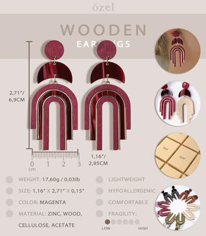 Ozel - Natural Wooden Acrylic Boho Drop Dangle Earrings for Women - Geometric Statement Jewellery - Brown, Black, Magent Red, Olive Green, White beige - color: Arch_Magenta