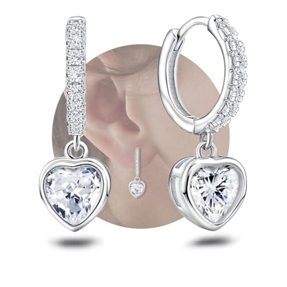 Heart Hoop Earrings with Dangle Sterling Silver Love Heart-Shaped Loop Earrings for Women Hypoallergenic Sparkle Birthstone Cubic Zirconia Hoop Earring with Dangling Charms Dainty Fashion Jewelry Gift - color: Silver