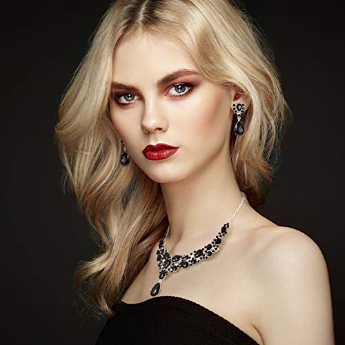 Hicarer Bridal Teardrop Cluster Crystal Jewelry Set for Women Necklace Earrings Wedding - color: Black