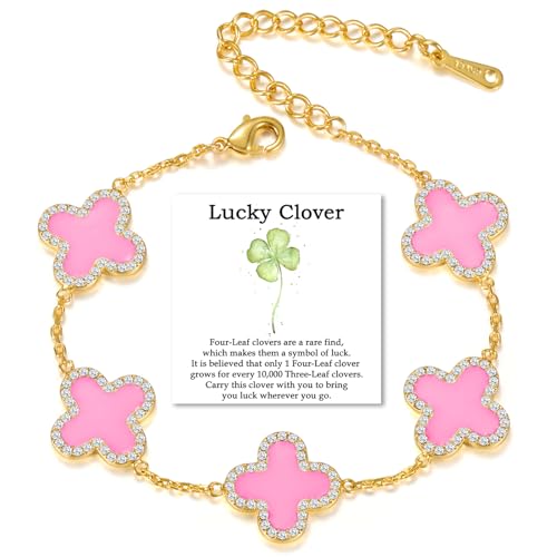 Qitian Clover Bracelet for Women 18K Gold Four Leaf Pink Lucky Link Clover Bracelets, Trendy Bracelets Set Jewelry Gifts for Women - color: A-Pink