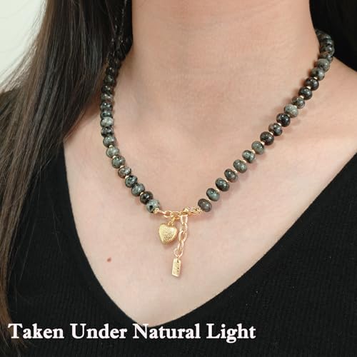 Boho Gemstone Beaded Necklace for Women – Colorful Natural Stone Choker 18K Solid Heart-Shaped Pendant, Summer Beach Jewelry - color: Yooperlite Stone