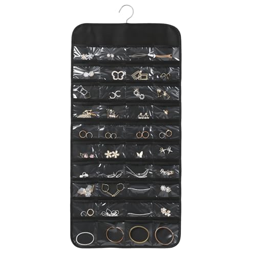 Black Hanging Jewelry Organizer, 80 Pockets Double-Sided, Wall Door Closet Storage for Earrings Necklaces Rings