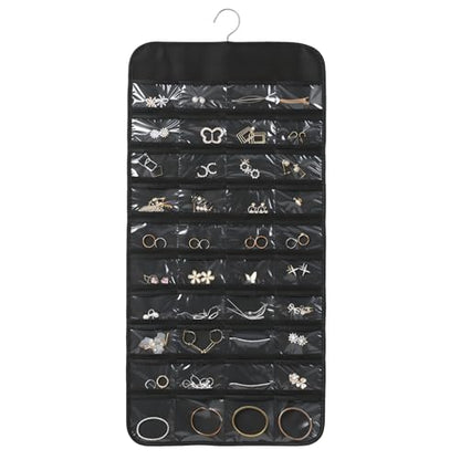 Black Hanging Jewelry Organizer, 80 Pockets Double-Sided, Wall Door Closet Storage for Earrings Necklaces Rings