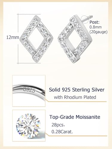 All Moissanites Sparkly Geometric Stud Earrings for Women, Solid 925 Sterling Silver with Rhodium/Gold Plated Hypoallergenic, Lightweight Comfy Earrings - color: Square - White Gold
