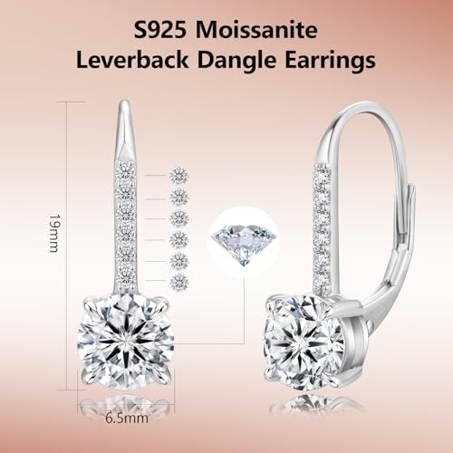 KRKC Moissanite Earrings, 1.0ct-2.0ct D Color Lab Created Diamond Earring, 14k White Gold Plated Sterling Silver Dangle Earrings S925 Leverback Drop Earring for Women Hypoallergenic Jewelry for Gifts - color: Round-Silver-6.5mm