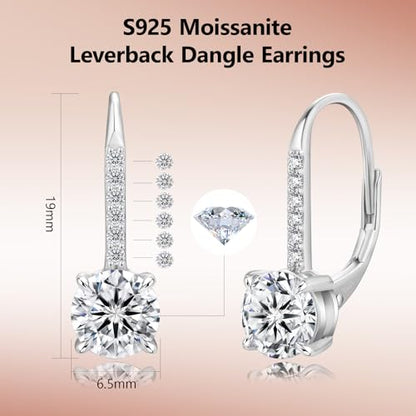KRKC Moissanite Earrings, 1.0ct-2.0ct D Color Lab Created Diamond Earring, 14k White Gold Plated Sterling Silver Dangle Earrings S925 Leverback Drop Earring for Women Hypoallergenic Jewelry for Gifts - color: Round-Silver-6.5mm