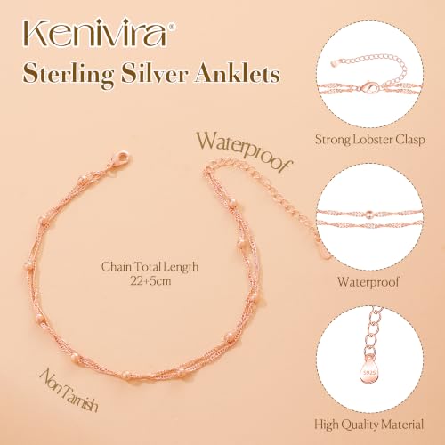 Kenivira 925 Sterling Silver Ankle Bracelets For Women Dainty Layered Waterproof 18K Gold Plated Anklets For Women Beach Adjustable Anklet Foot Jewellery - color: rose gold-bead