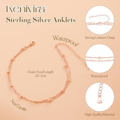 Kenivira 925 Sterling Silver Ankle Bracelets For Women Dainty Layered Waterproof 18K Gold Plated Anklets For Women Beach Adjustable Anklet Foot Jewellery - color: rose gold-bead