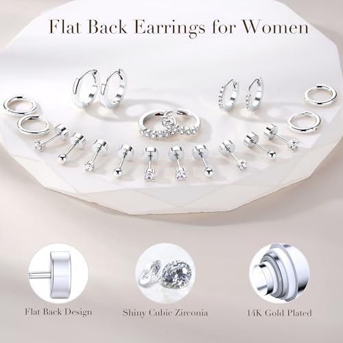 Turandoss 10 Pairs Gold Hoop Earrings for Women | 14K Gold Plated Stud Hoop Earrings, Flat Back, Cartilage Earring Stacks, Multiple Piercing, Hypoallergenic - color: Silver Plated