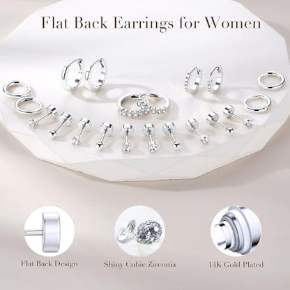 Turandoss 10 Pairs Gold Hoop Earrings for Women | 14K Gold Plated Stud Hoop Earrings, Flat Back, Cartilage Earring Stacks, Multiple Piercing, Hypoallergenic - color: Silver Plated