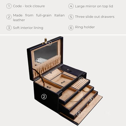 Time Resistance Leather Jewelry Box - Full Grain Leather Organizer, Accessories Storage with Key Lock for Women (Blue)