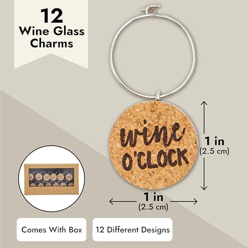 Juvale Wine Glass Charms - 1-Inch Circle Cork, 12-Pack - Wine Charms for Stem Glasses & Funny Party Decor - Birthday Party Favors