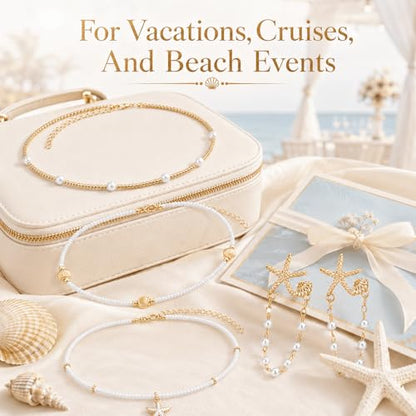 Sea Shell Necklace Set for Women, 3PCS Gold White Alloy Seashell Necklaces with 2PCS Matching Starfish Earrings, Ocean Inspired Beach Vacation Jewelry
