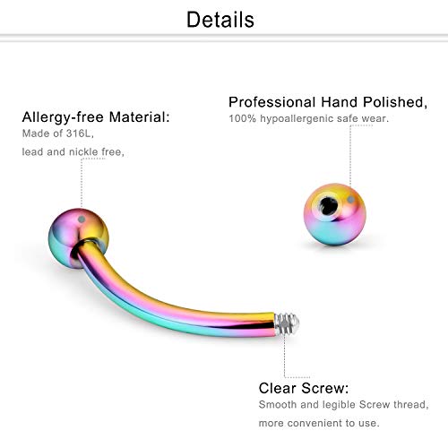 Eyebrow Ring Bar 16G Stainless Steel Curved Barbell Clear Diamond CZ Piercing Body Jewelry Retainer for Women Men 12-16 Pieces - color: 16Pcs-16G-Rainbow