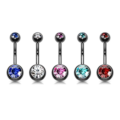 14GA Surgical Steel & Synthetic Opal Resin Belly Button Rings for Women | 3/8" Length, 5mm x 8mm Ball, Classic Look, Super High Quality - style: 91- Titanium 5pc BLACK PACK (Blue, Clear, Pink, Aqua, Red)