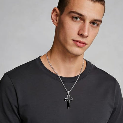 Men's Cross Necklace 316L Stainless Steel Large Heavy Cross Pendant for Men Polished Jewelry Rolo Chain with 22'' 24'' 26'' - color: E-White and Black, size: 24 inch