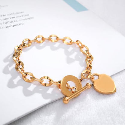 kelistom 316L Stainless Steel Love Heart Charm Bracelet for Women Romantic Gift Silver/Rose/18k Gold Plated OT Clasp Bracelets - color: heart polished-gold