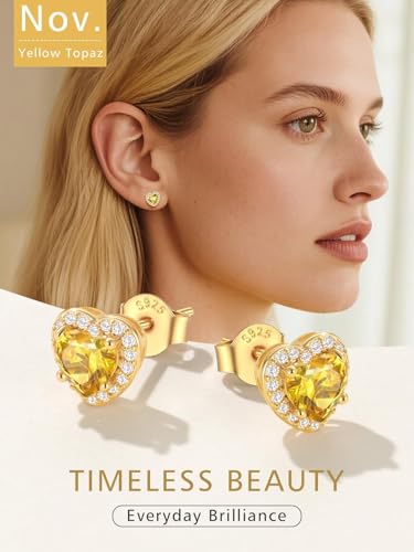 FindChic Birthstone Earrings for Women, Round/Heart/Square/Teardrop Earrings with 925 Sterling Silver Posts & Push Backs, Hypoallergenic Studs with Cubic Zirconia, 12 Months Jewelry with Gift Box - style: 11. November-Yellow Topaz (Heart-Gold)