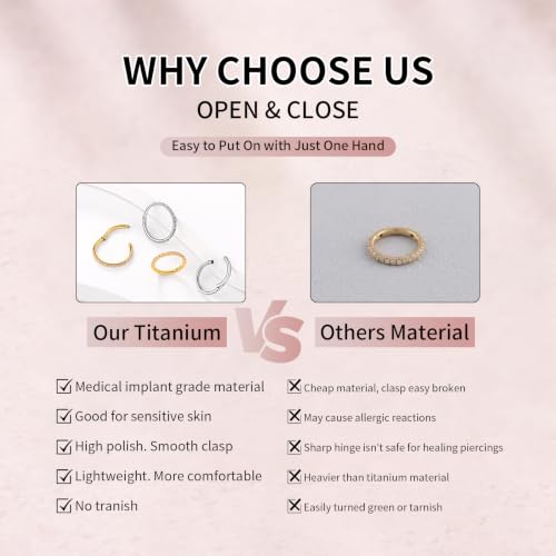 20G 18G 16G Titanium Hoop Nose Ring, Hinged Silver Gold Cartilage Hoop Earrings for Women, Clear CZ Conch Tragus Helix Earrings Septum Nose Piercing Jewelry 6/8/10mm - color: Gold, size: 16g-10mm