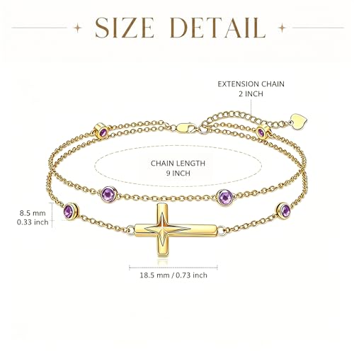 Midari 18K Yellow Gold Gemstone Birthstone Anklet Bracelet Cross Jewelry with 12 Months Birthstone Birthday Gifts for Women Wife Her Daughter Mom - color: 02-Feb-Amethyst, size: Anklet 9"-11"