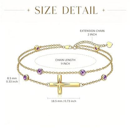 Midari 18K Yellow Gold Gemstone Birthstone Anklet Bracelet Cross Jewelry with 12 Months Birthstone Birthday Gifts for Women Wife Her Daughter Mom - color: 02-Feb-Amethyst, size: Anklet 9"-11"