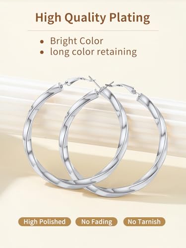 FindChic Twisted Hoop Earrings for Women, Silver/Black/14K Gold Plated Hypoallergenic Hollow Tube Rounded Loop Earrings, 30mm/40mm/60mm/80mm Hoops with Custom Name Options and Gift Box - color: b.Silver, size: 60MM