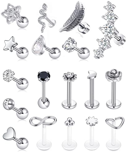 Tornito 9-30Pcs Cartilage CZ Stud Earrings Conch Forward Helix Tragus Daith Piercing Lip Rings Snake Heart Butterfly Jewelry for Women Men 16G Silver Gold Tone - color: C:Silver Tone(Snake)