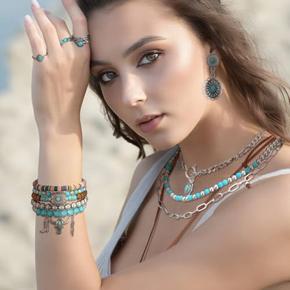 Ecally Bohemian Western Jewelry Turquoise Set Women Country Pendant Long Choker Layered Bracelets Earrings Ring for Women - color: Turquoise, style: Delicate