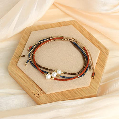 KELITCH 3 PCS Natural Pearls Bracelets Women Strand Thin Rope Friendship Bracelets Handmade Stack Charm Bracelets - color: 02R