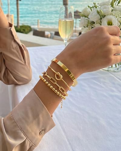 YEEZII 56 Pcs Gold Jewelry Set for Women with 5Pcs Layered Necklace, 5Pcs Layered Necklace, 12 Bracelets, 4 Hoop Earrings, 8 Stackable Rings, 10 hairpins, 12 Studs Earrings Jewerly set for Women - color: Gold-B