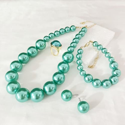 White Faux Pearl Necklace and Earrings Set Big Large Pearl Bead Ball Beaded Choker Necklace Black Pink Pearls Statement Bracelet Ring for Women - color: blue