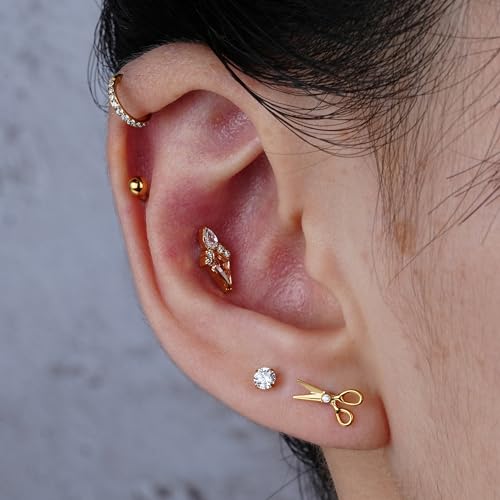 16G 6mm 8mm ASTM F136 Titanium Cartilage Piercing Jewelry Stud for Tragus Helix Conch Flat - color: Scissor - Gold