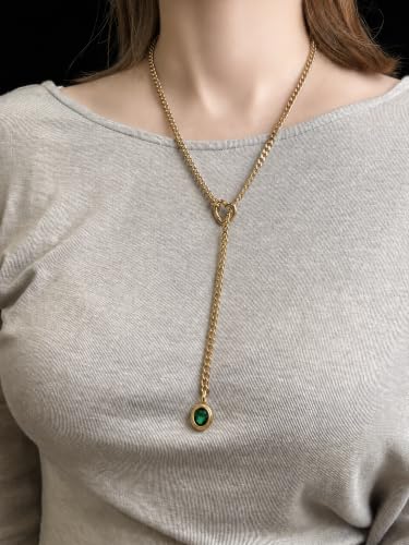 Heart Slip Chain Necklace for Women, Cuban Chain with Removable Heart O-Ring and Crystal Pendant, Adjustable Y Lariat Necklace - color: Gold-Green-27