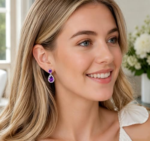 Drop Dangle Earrings Teardrop Gemstone Waterdrop White Gold Plated Crystal Hanging Cubic Zirconia Ruby Sapphire Emerald Jewelry Gift for Women Mother Wife - color: Purple