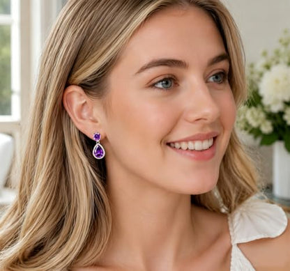 Drop Dangle Earrings Teardrop Gemstone Waterdrop White Gold Plated Crystal Hanging Cubic Zirconia Ruby Sapphire Emerald Jewelry Gift for Women Mother Wife - color: Purple