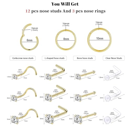 15PCS 14K Gold Plated Nose Rings Studs Set for New Piercing Beginners - color: Gold-3PCS Nose Rings & 12PCS Nose Studs