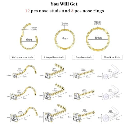 15PCS 14K Gold Plated Nose Rings Studs Set for New Piercing Beginners - color: Gold-3PCS Nose Rings & 12PCS Nose Studs