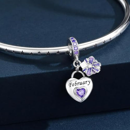 Love Heart Birthstone Dangle Charms Compatible with Pandora Bracelets | 925 Sterling Silver 5A Cubic Zirconia Mother's Day Christmas Birthday Birthstone Gifts Bead Charm Pendants Women Jewelry - color: February Dangle Birthstone Charms