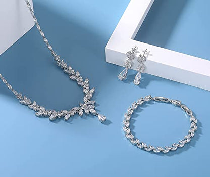 Jewelry Set for Women, Cubic Zirconia Necklace Dangle Earrings & Bracelet Jewelry Set for Bride Bridesmaid Wedding Engagement Prom Party - style: Silver-Necklace+Bracelet+Earrings