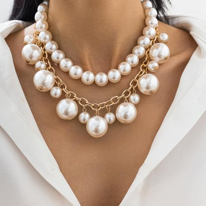Chunky Gold Layered Big Pearl Beaded Statement Necklaces for Women | Large White Faux Pearls Beads Stack Choker Necklace Trendy Wedding Bridal Prom Statement Jewelry Formal Cluster Bib Necklace