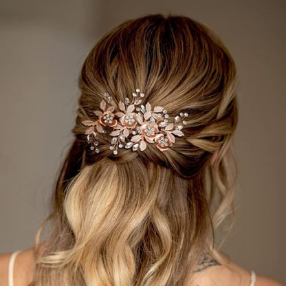 Bridal Hair Accessories Bright Rose Gold Wedding Hair Duckbill Clip for Brides, Handmade Rhinestone Hair Vine Wedding Head Pieces for Women and Bridesmaids Flower Girls, Christmas Gift - color: Bright Rose Gold