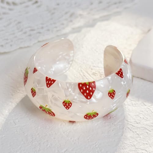 Chunky Fruit Acrylic Cuff Bangle Bracelet for Women, Colorful Strawberry Banana Cherry Watermelon Resin Acetate Wide Open Statement Jewelry Geometric Wristband Bracelets Summer Beach Jewelry - style: Strawberry