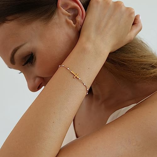 18K Gold Plated Pearl Beaded Cross Bracelets for Women Adjustable Stainless Steel Dainty Thin Gold Box Cuban Twisted Link Chain Bracelet Bridesmaid Jewelry Gifts - color: White Cross-Gold